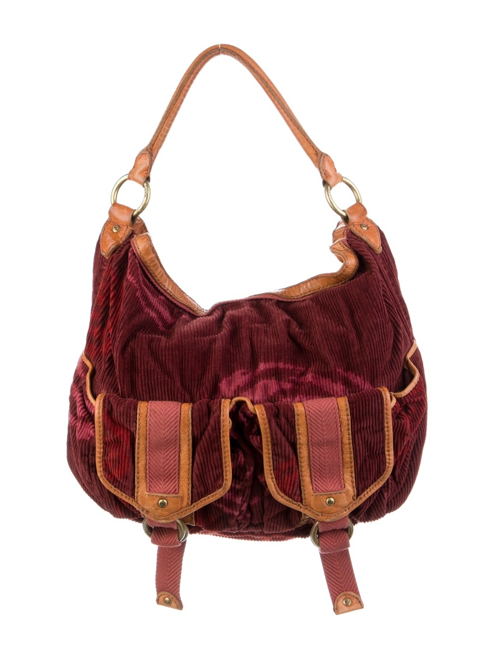 Marc Jacobs Corduroy Burgundy Shoulder Bag with Brown Leather Trim - Open Top